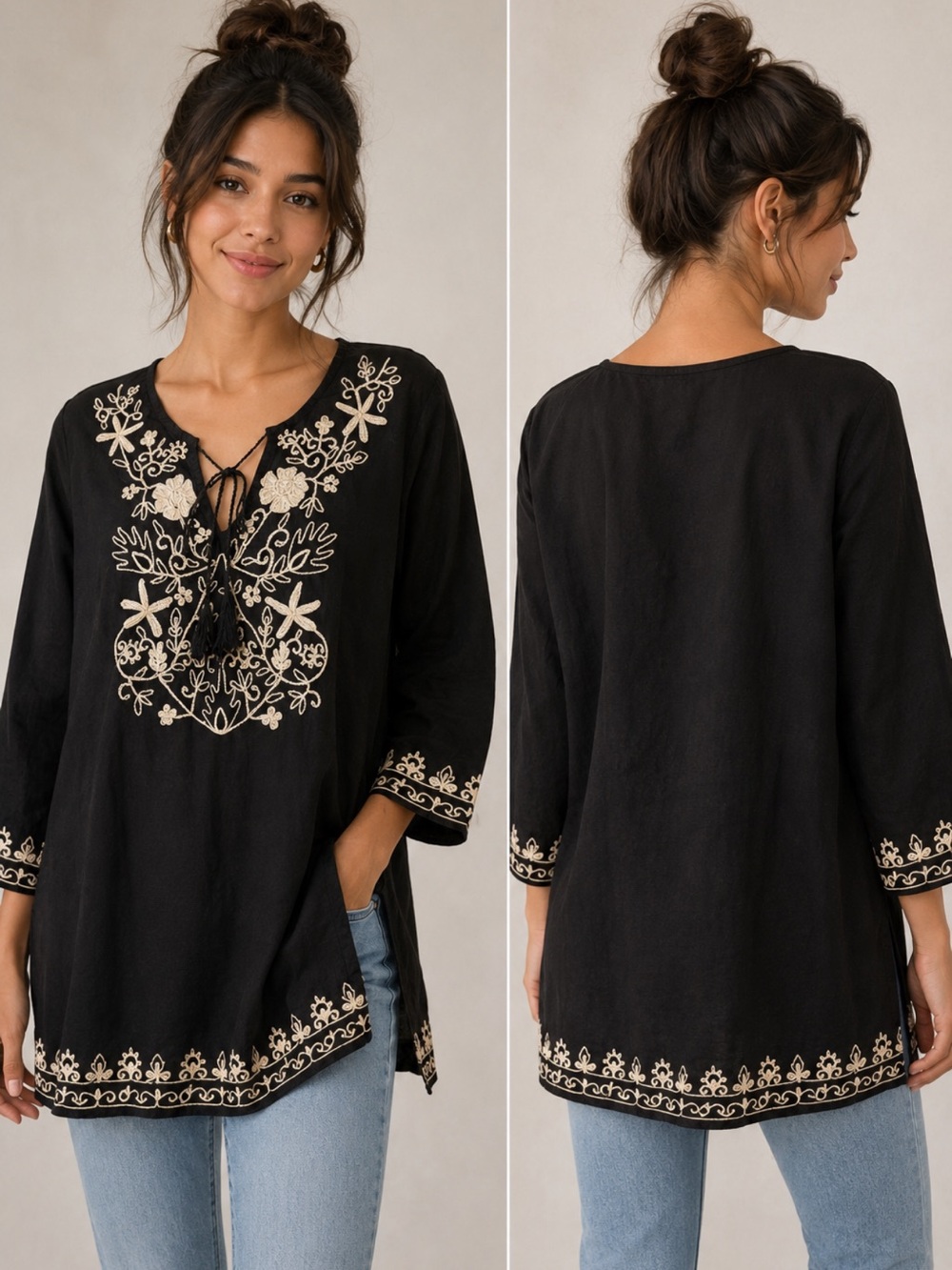 Vintage/Boho Black Embroidered Cotton Tunic Top – Prayiga – Size M